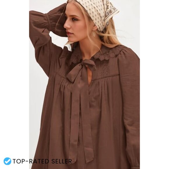 V-Neck Babydoll Dress Lace Trim Puff Sleeve Flowy Mini A-Line Tunic - Picture 2 of 5